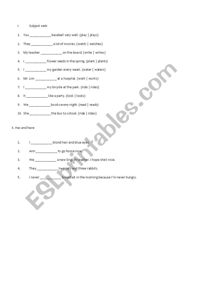 subject verb agreement worksheet