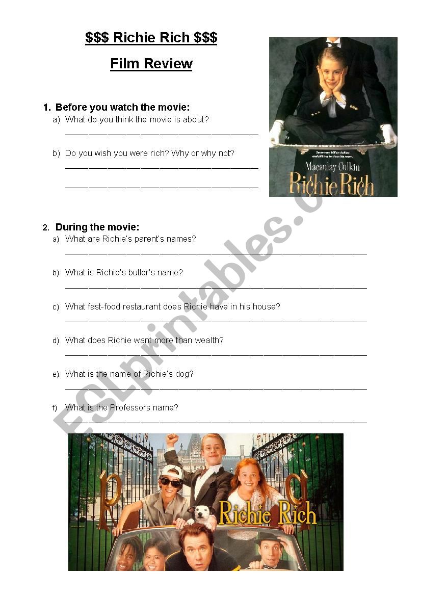 Richie Rich Movie Review worksheet