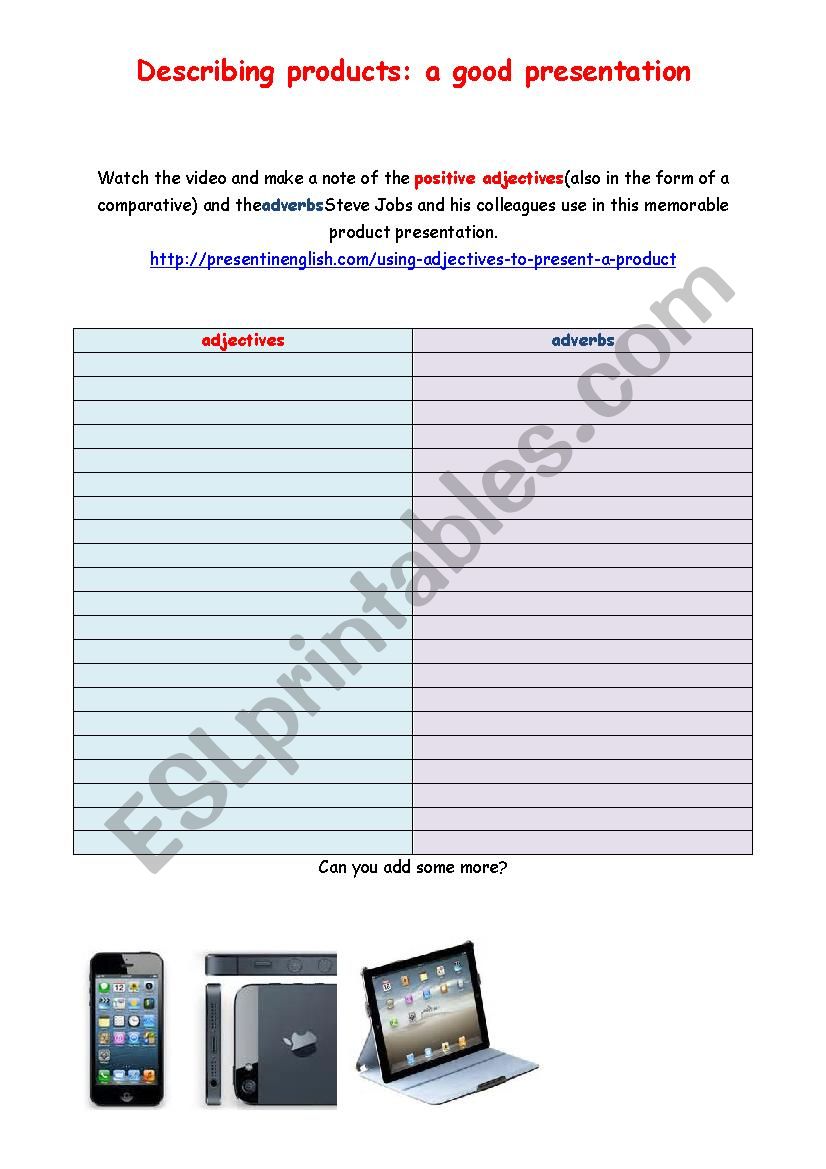 product presentation worksheet