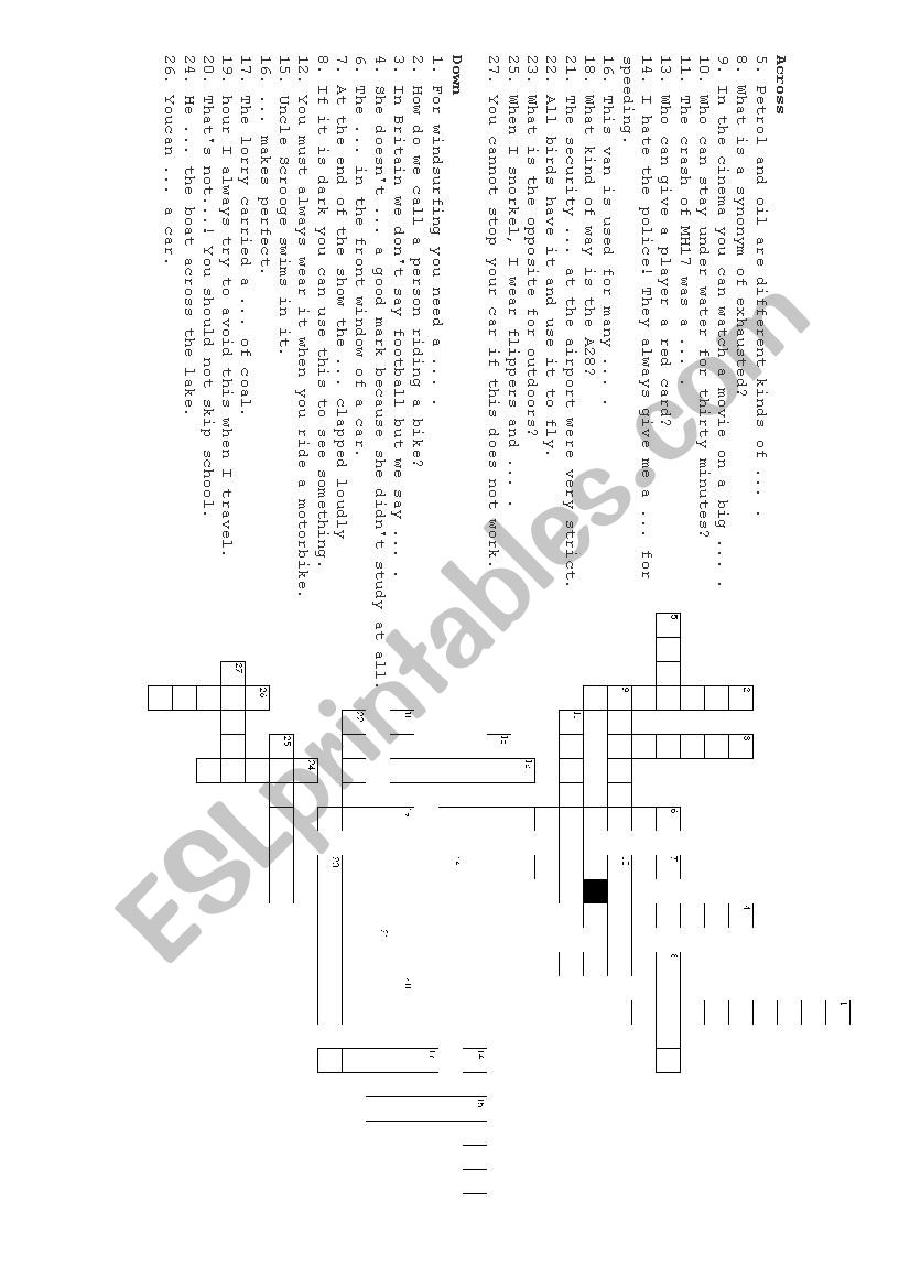 Crossword - Sports, Leisure time and Traffic