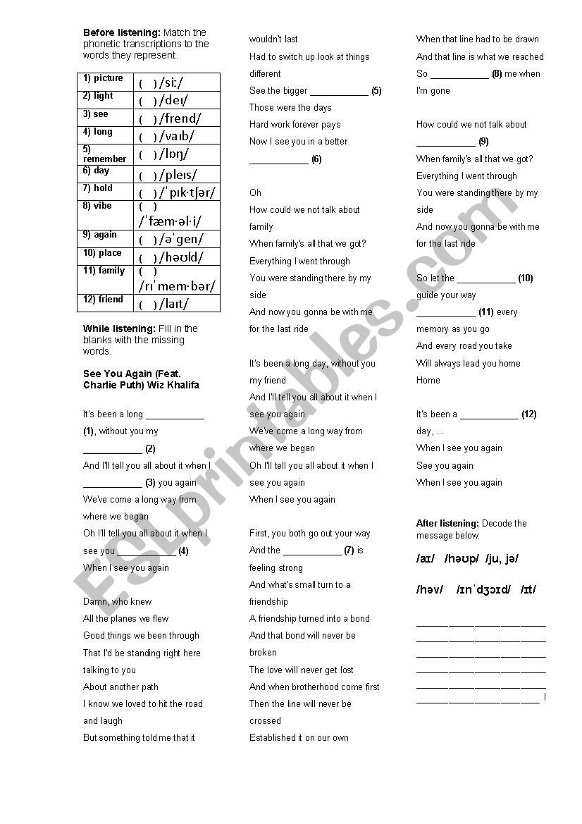 See you again - song activity using phonetic transcriptions_studentsÂ´ sheet