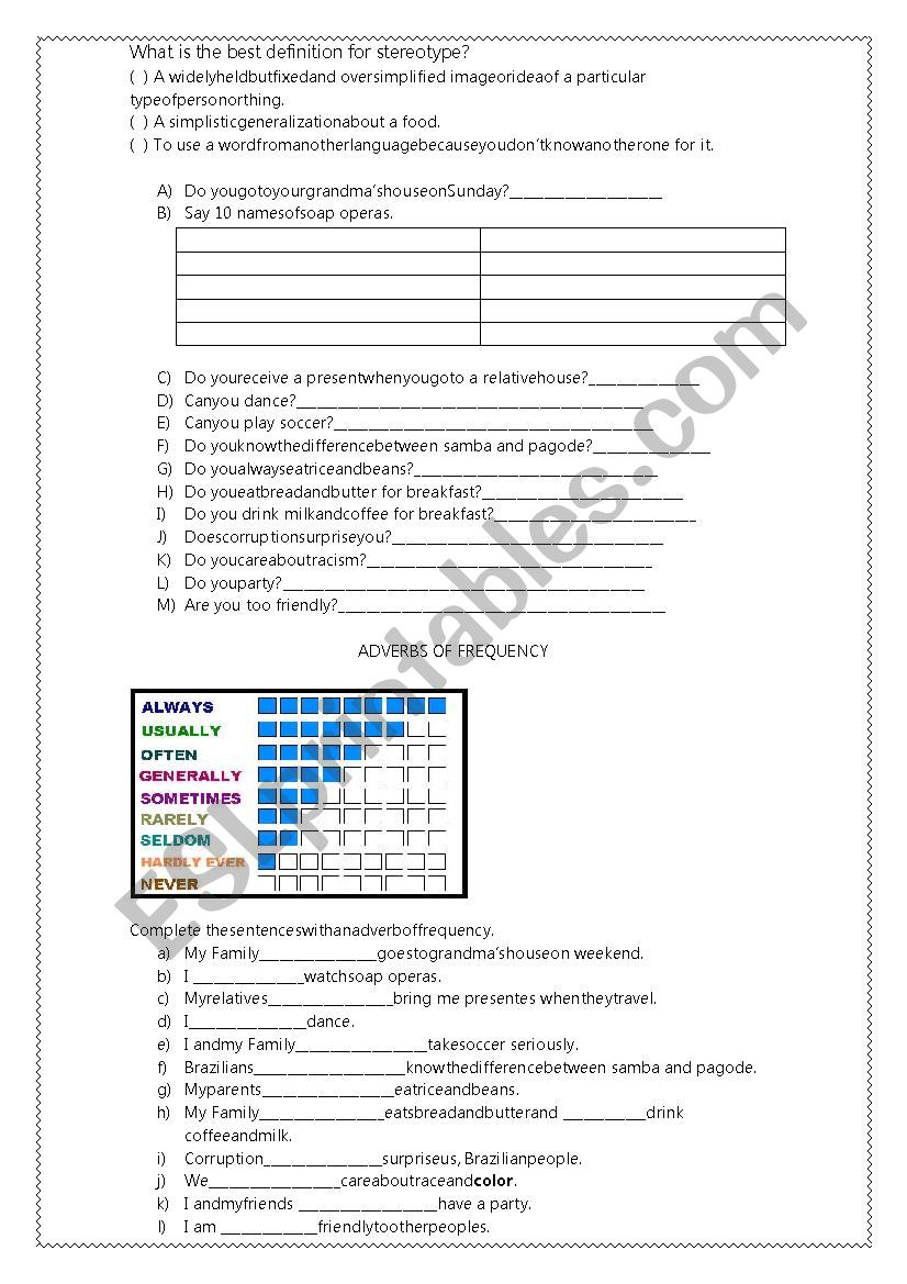 Stereotypes worksheet