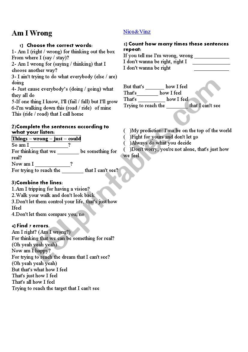 Am I wrong worksheet