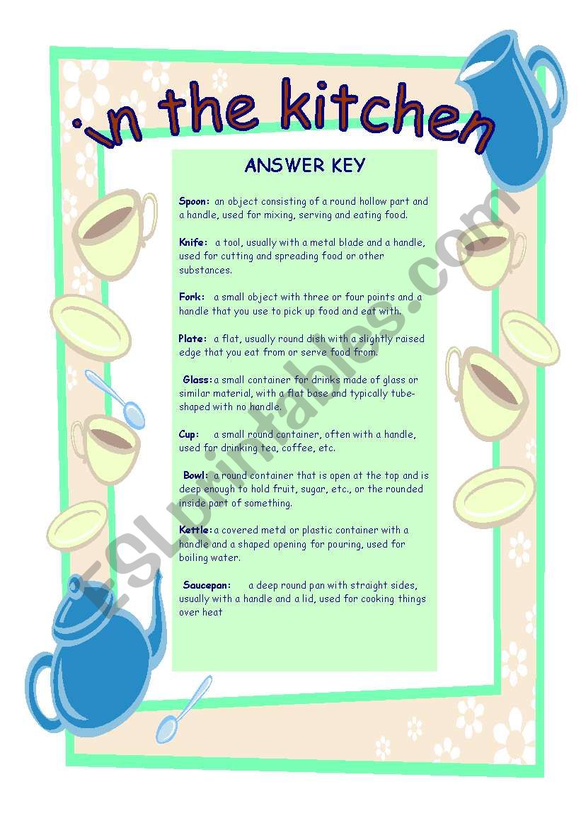 In the kitchen-  ANSWER KEY worksheet