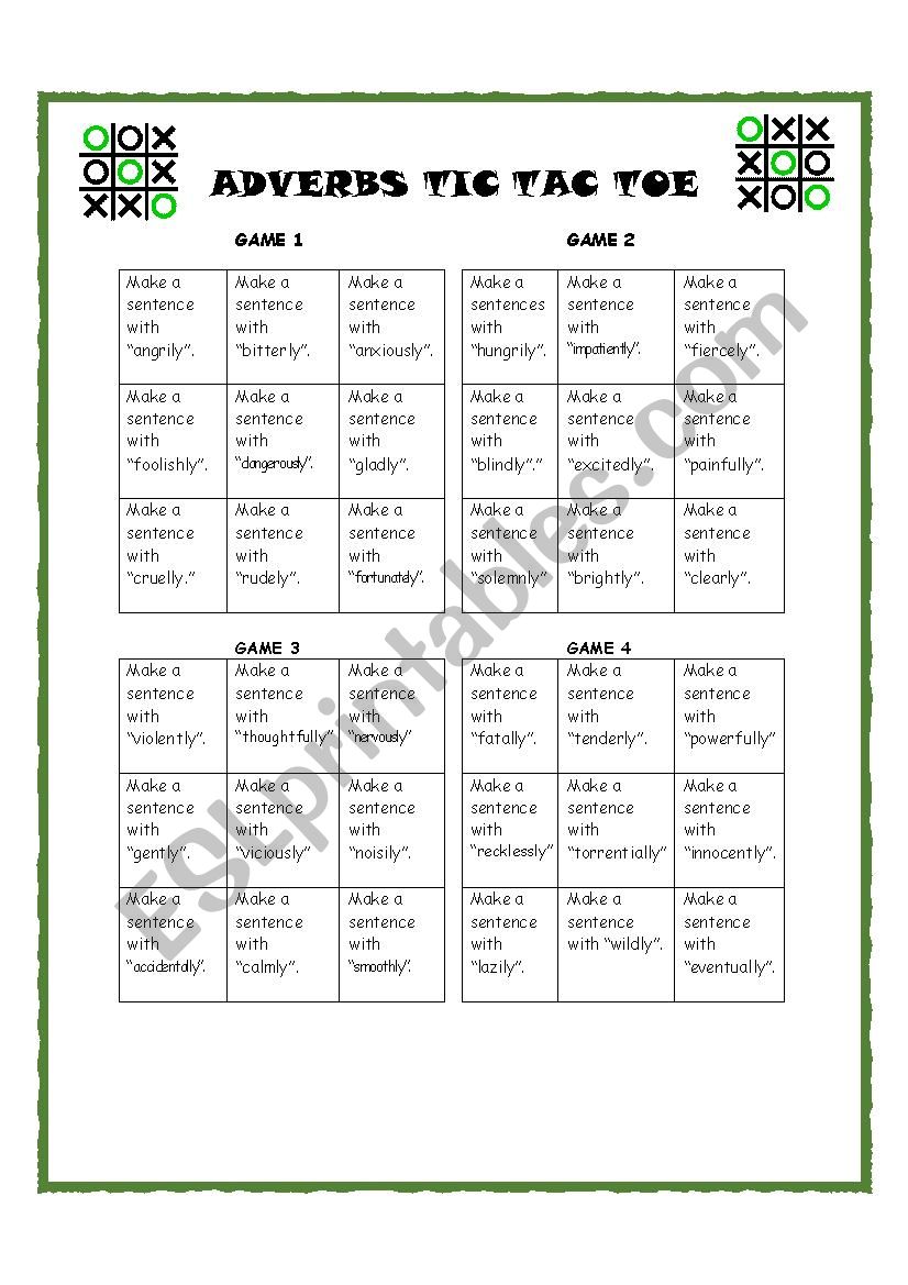 Tic Tac Toe with Adverbs worksheet