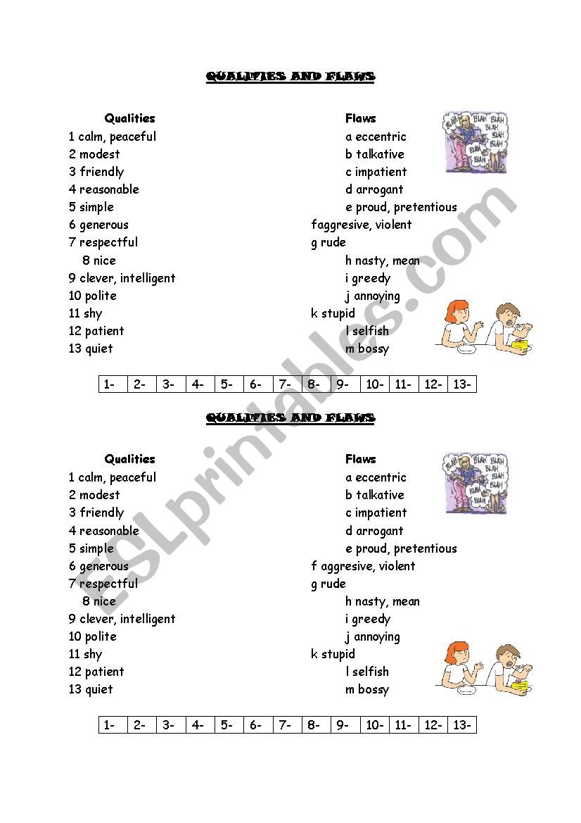 Matching Qualities and Flaws worksheet