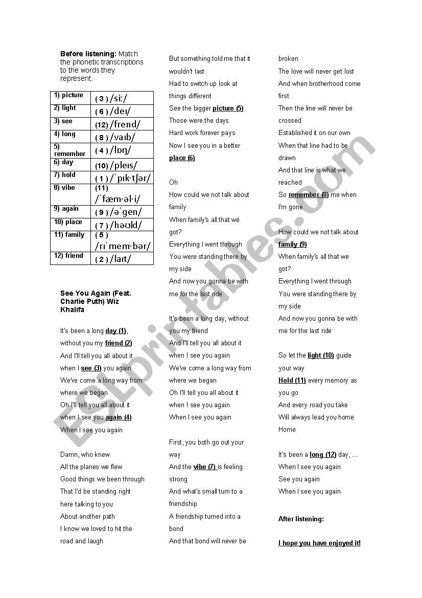 See you again - song activity (teachers sheet)