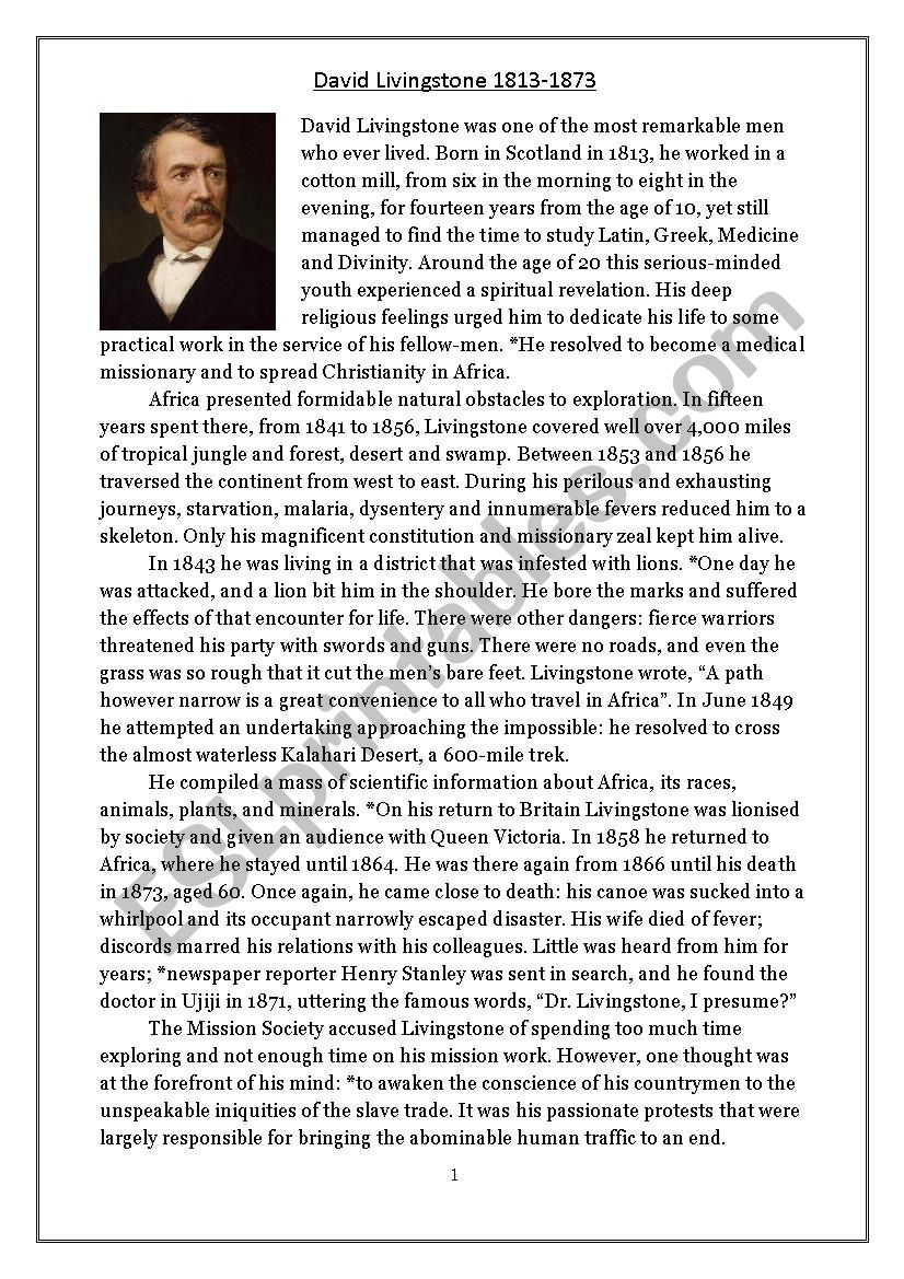 David Livingstone (Pages 1-3) worksheet
