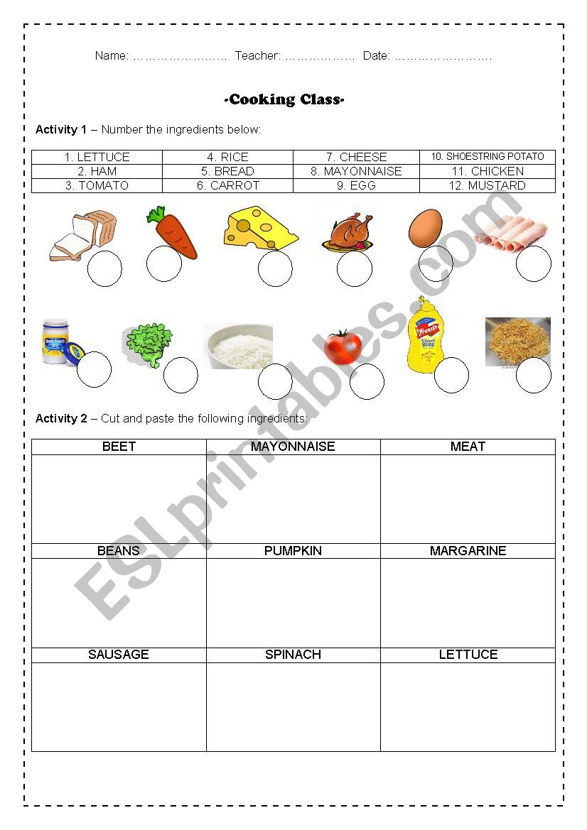 Cooking Class - Vocab + Verbs + Recipe + Cutting and pasting w/asnswer key