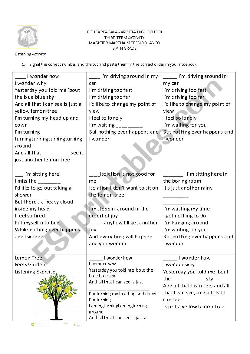 Lemon tree listening exercise worksheet