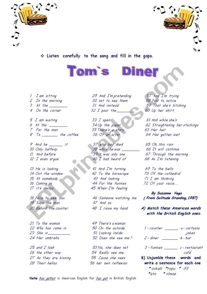 Toms Diner worksheet