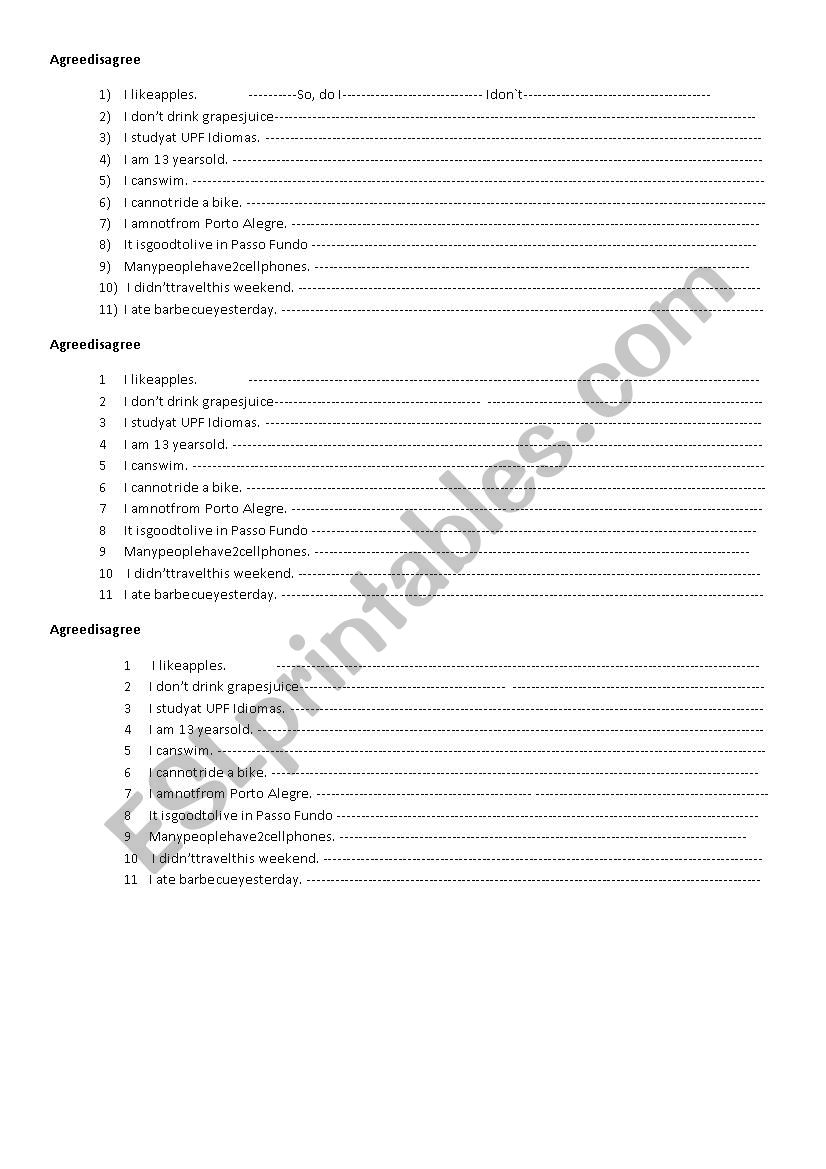 Agree and disagree worksheet