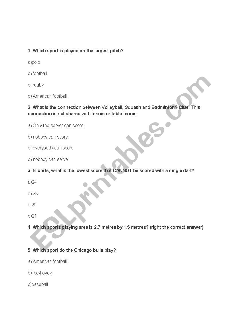 Sport quiz worksheet