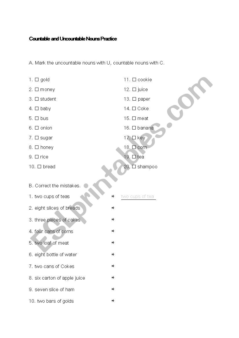 Countable and uncountable nouns practice