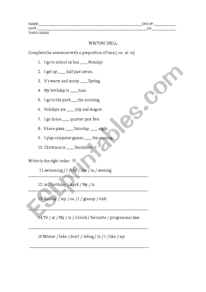 prepositions of time  worksheet