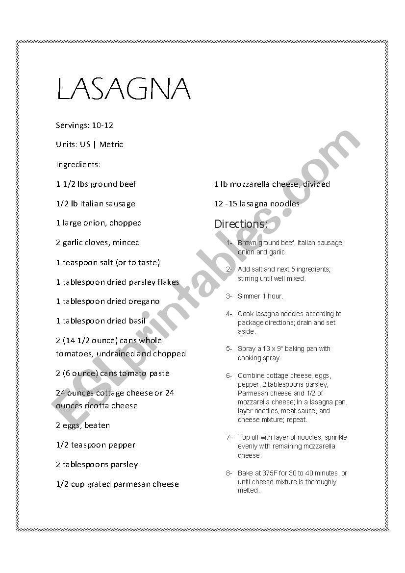 Lasagna recipe worksheet