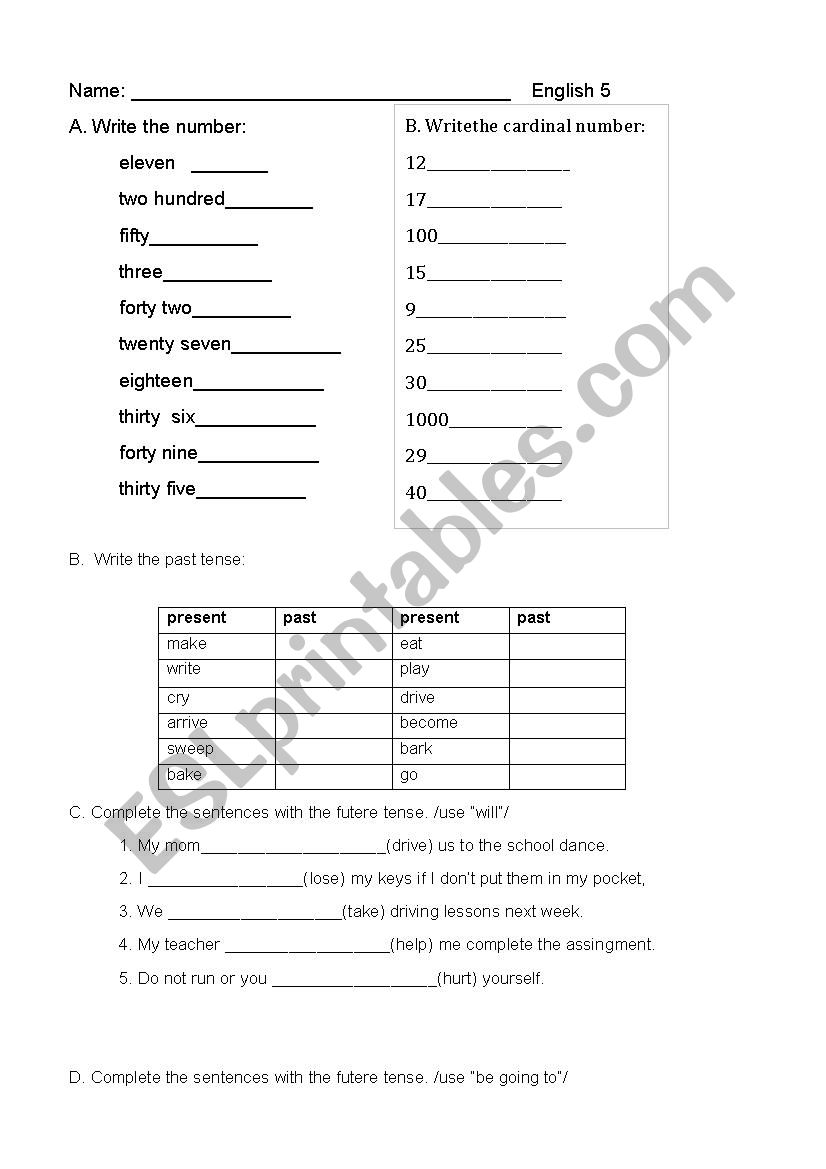 Verb test 5th grade worksheet