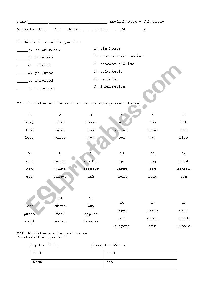 Verbs ----6th grade worksheet