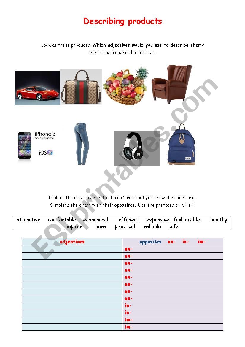 describing products worksheet