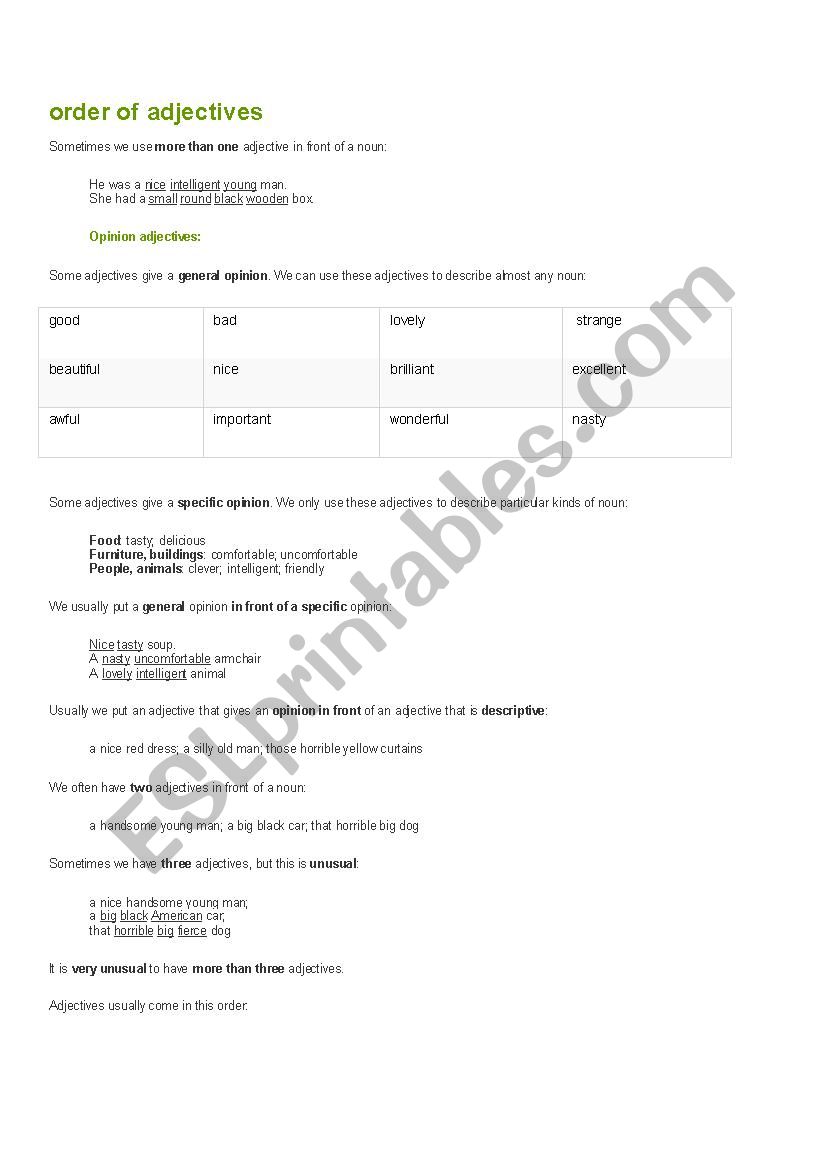 Order of adjective worksheet