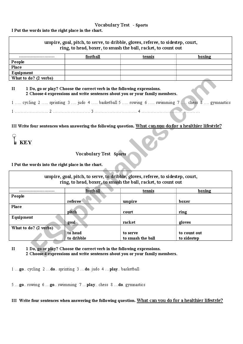 sport, vocabulary test  worksheet