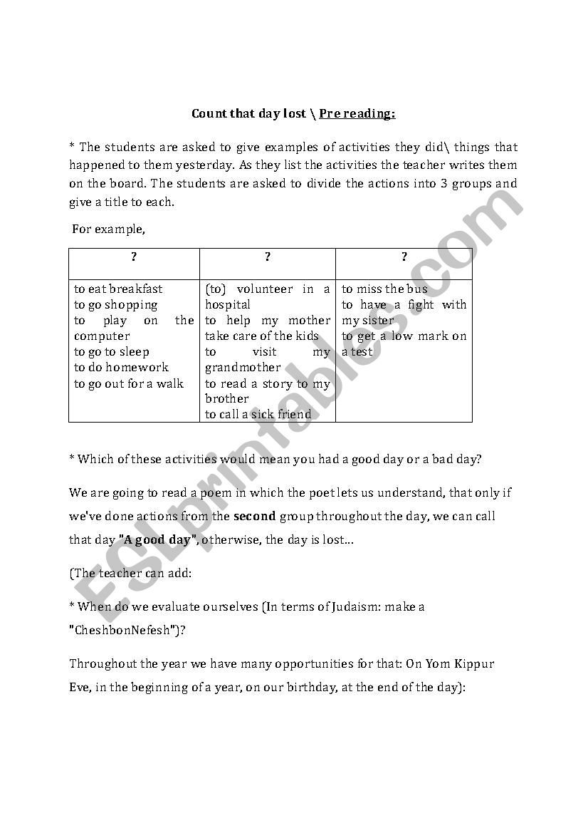 Count That Day Lost worksheet