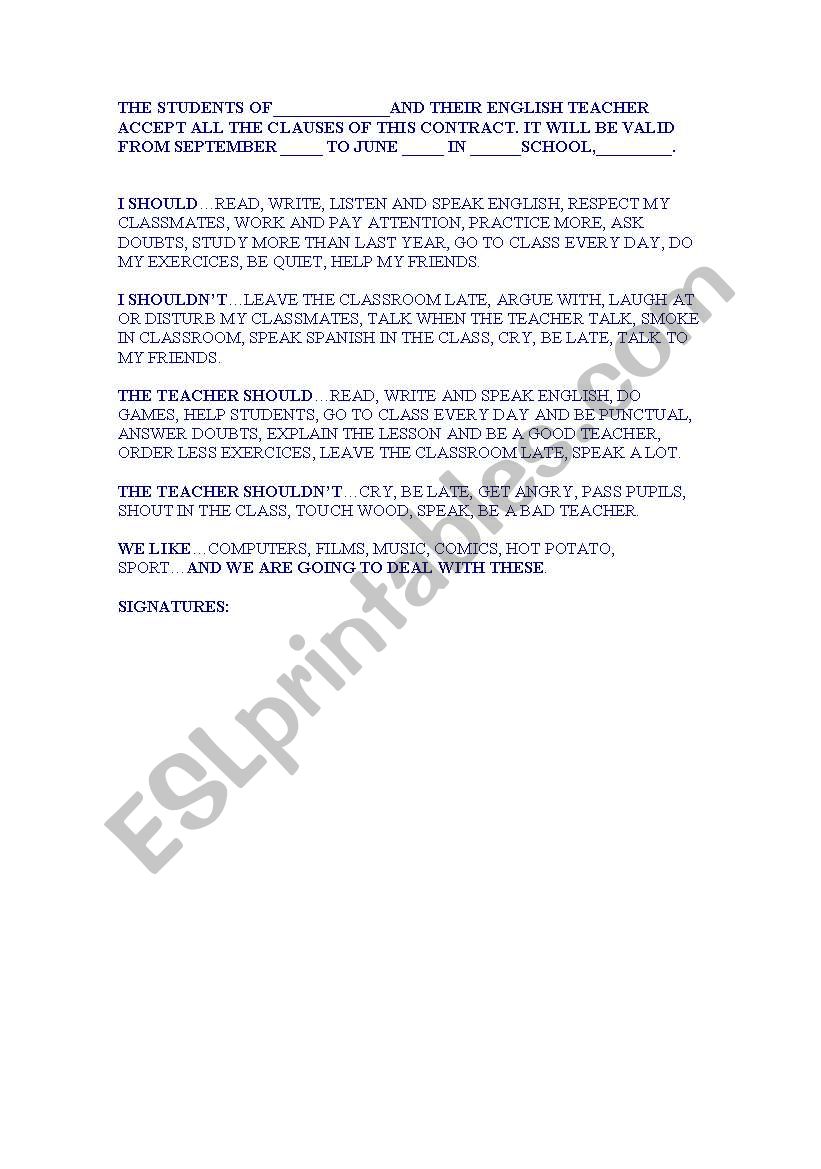 classroom contract worksheet