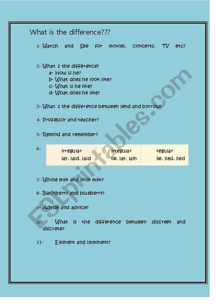 What is the difference worksheet