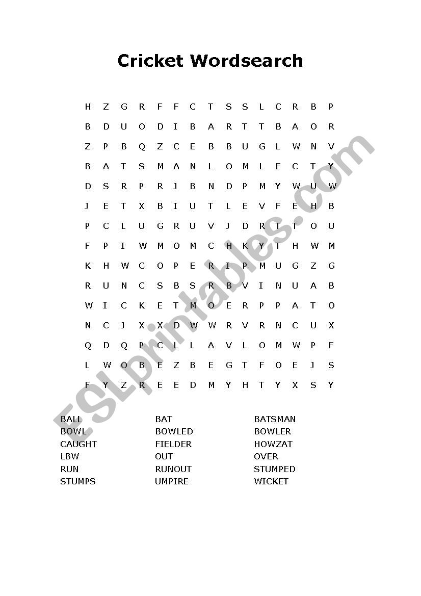 cricket wordsearch worksheet