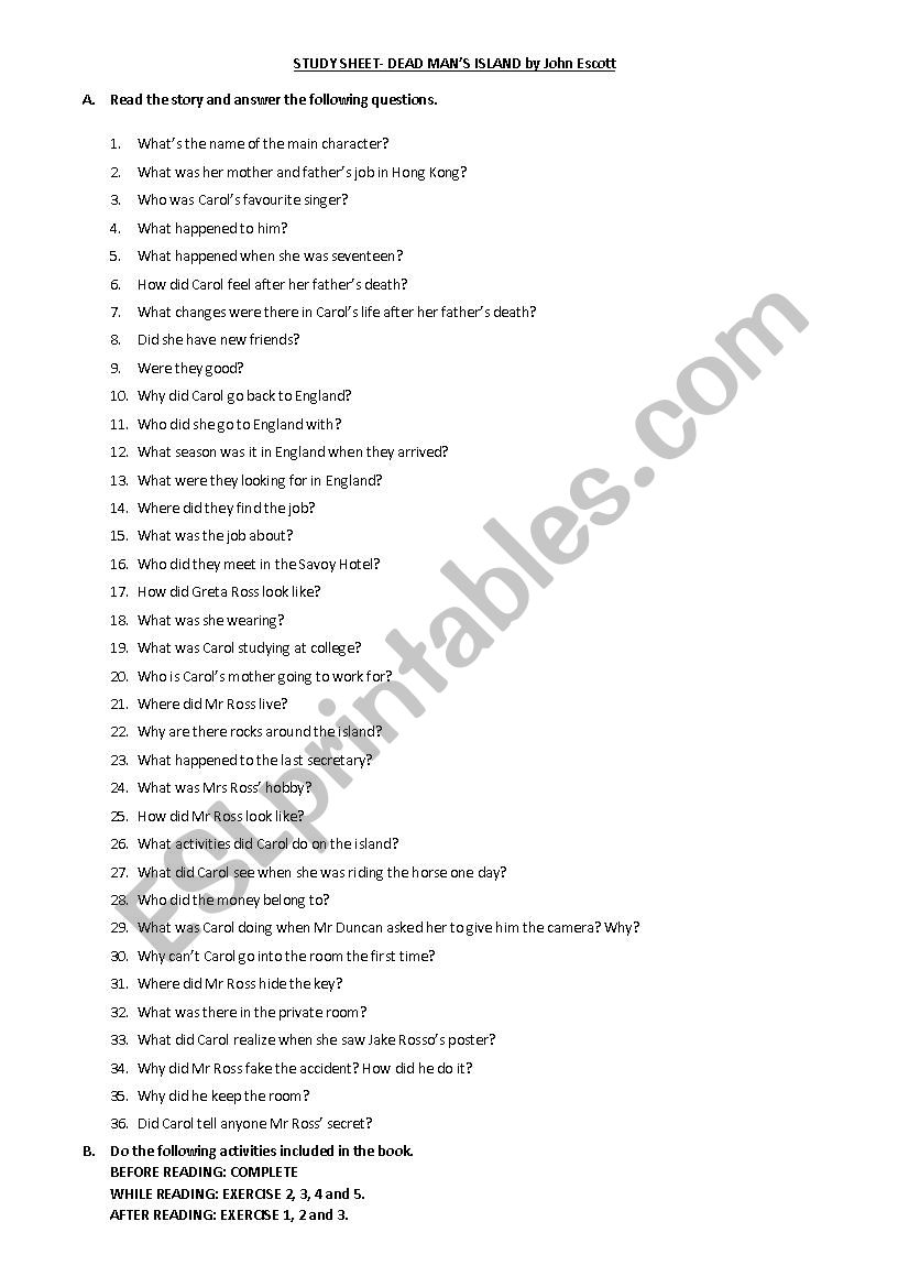 DEAD MANÂ´S ISLAND WORKSHEET worksheet
