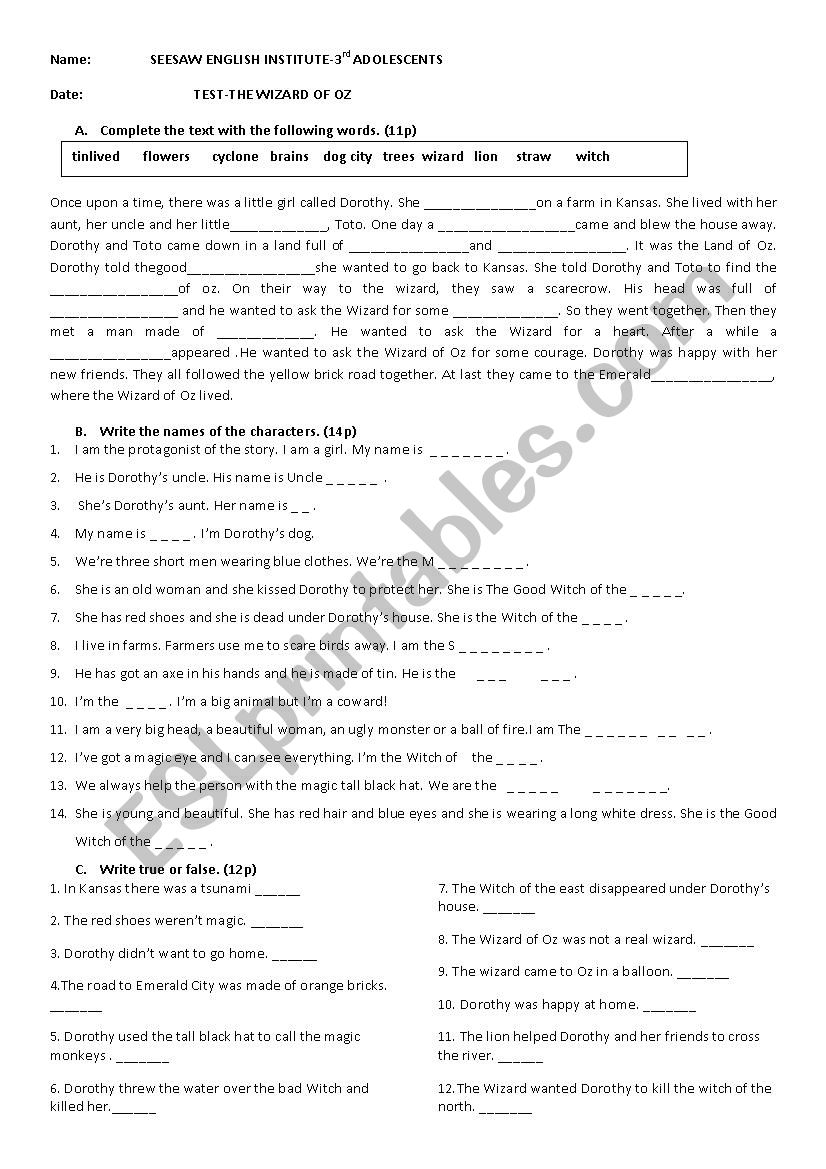 THE WIZARD OF OZ TEST worksheet