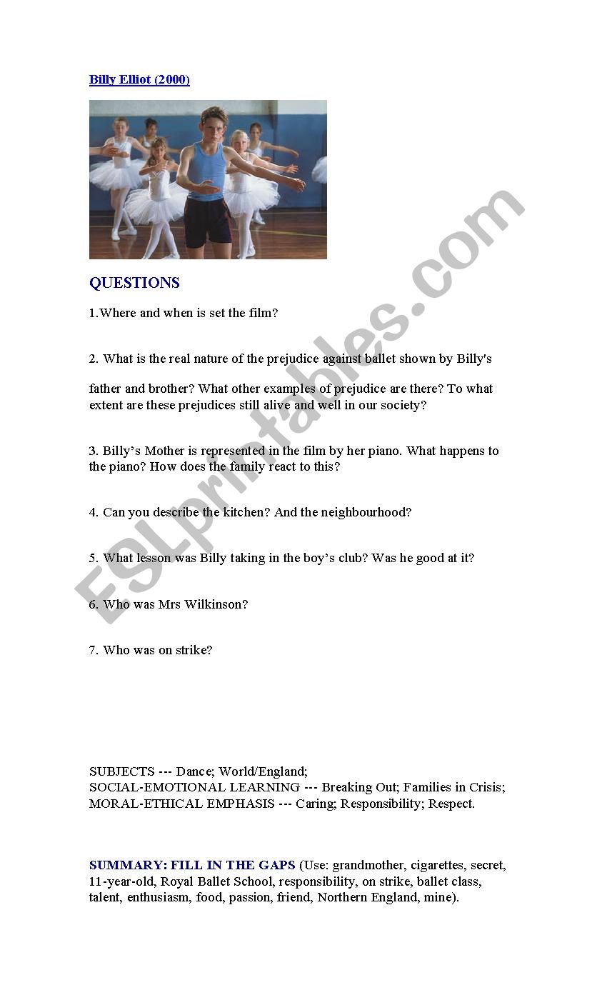 billy elliot  worksheet