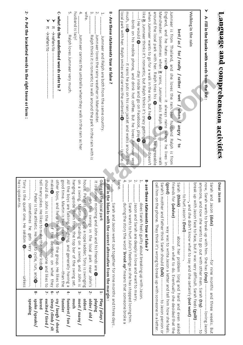 reading comprehenion and language activities 