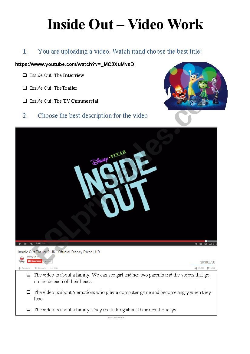 Inside Out - Video Work worksheet
