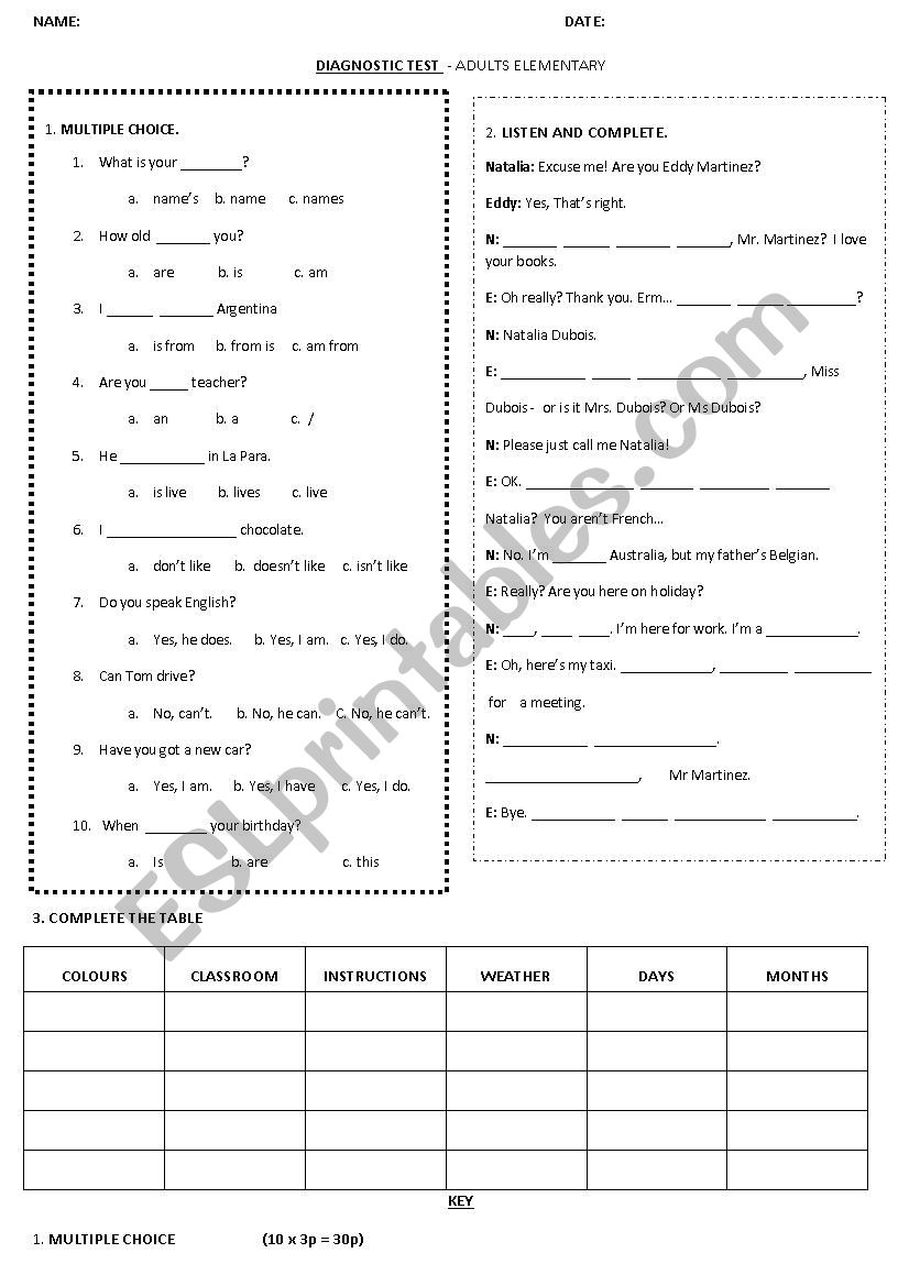 Diagnostic Test for Adults Elementary + KEY