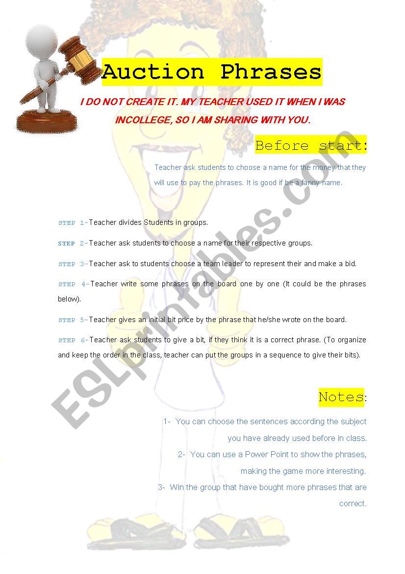 Auction Phrases Game worksheet