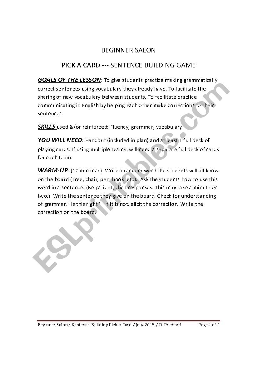 PICK-A-CARD SENTENCE BUILDING GAME