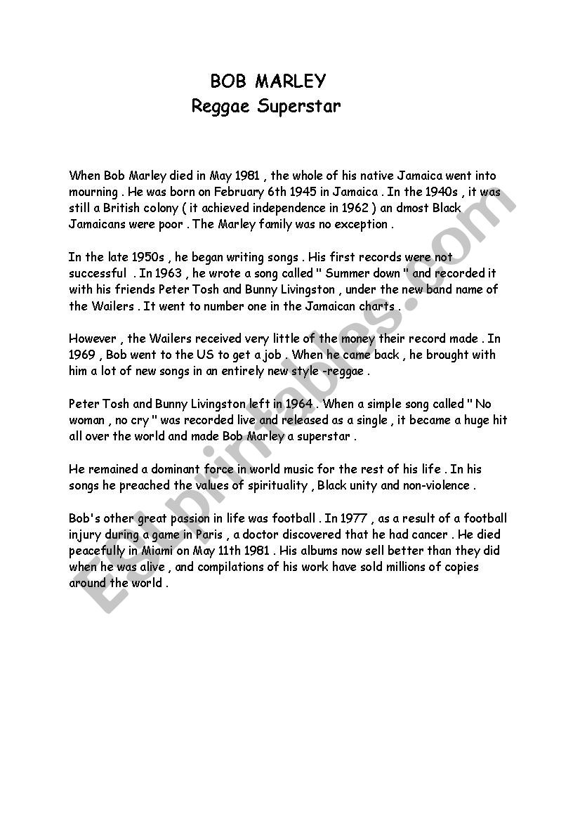 BOB MARLEY worksheet