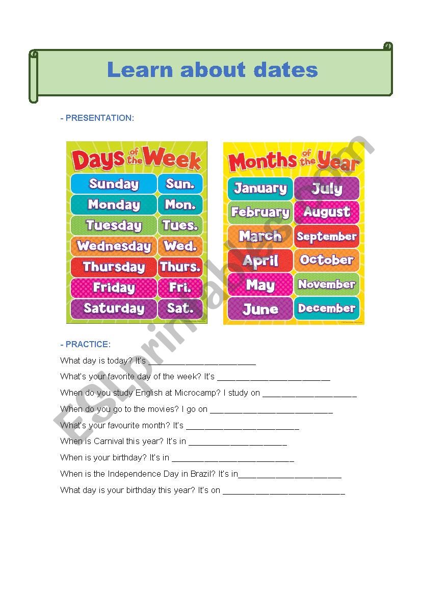 Months and days of the week worksheet
