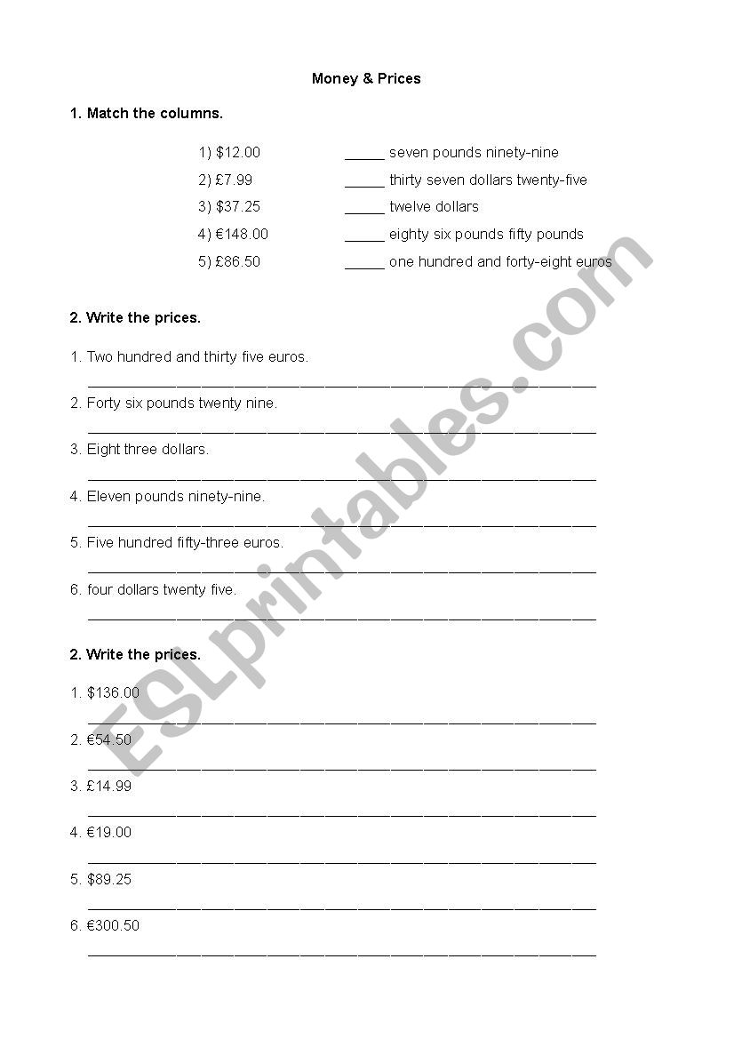 Money and Prices worksheet