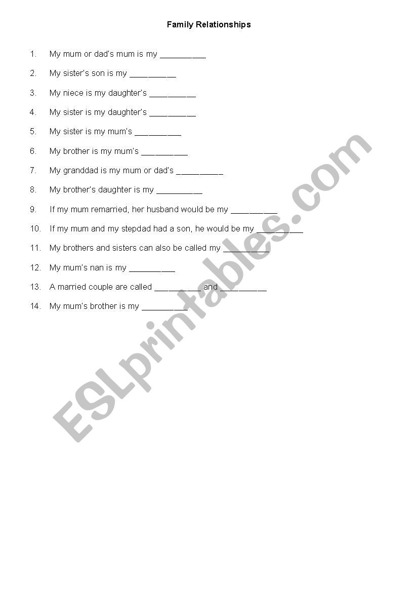 Family Relationships worksheet