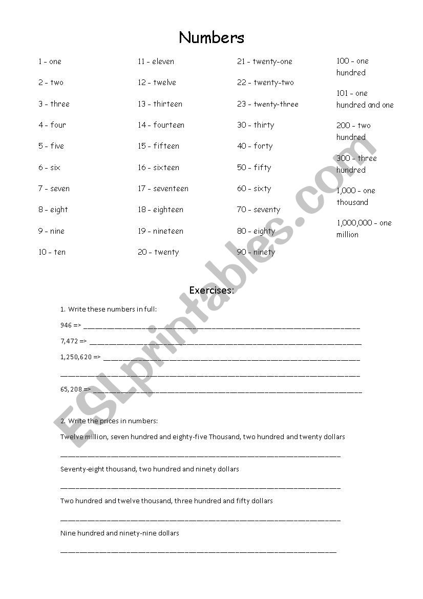 Numbers worksheet