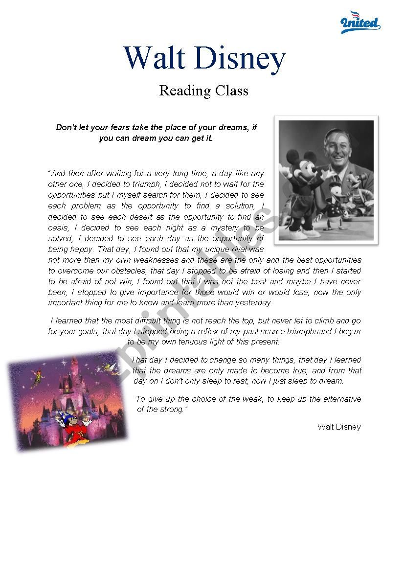 Walt Disney Reading Activity worksheet