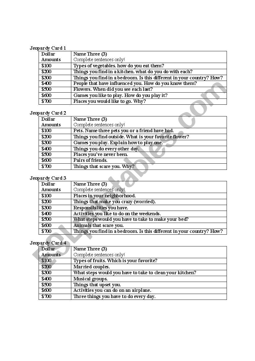 Jeopardy questions worksheet