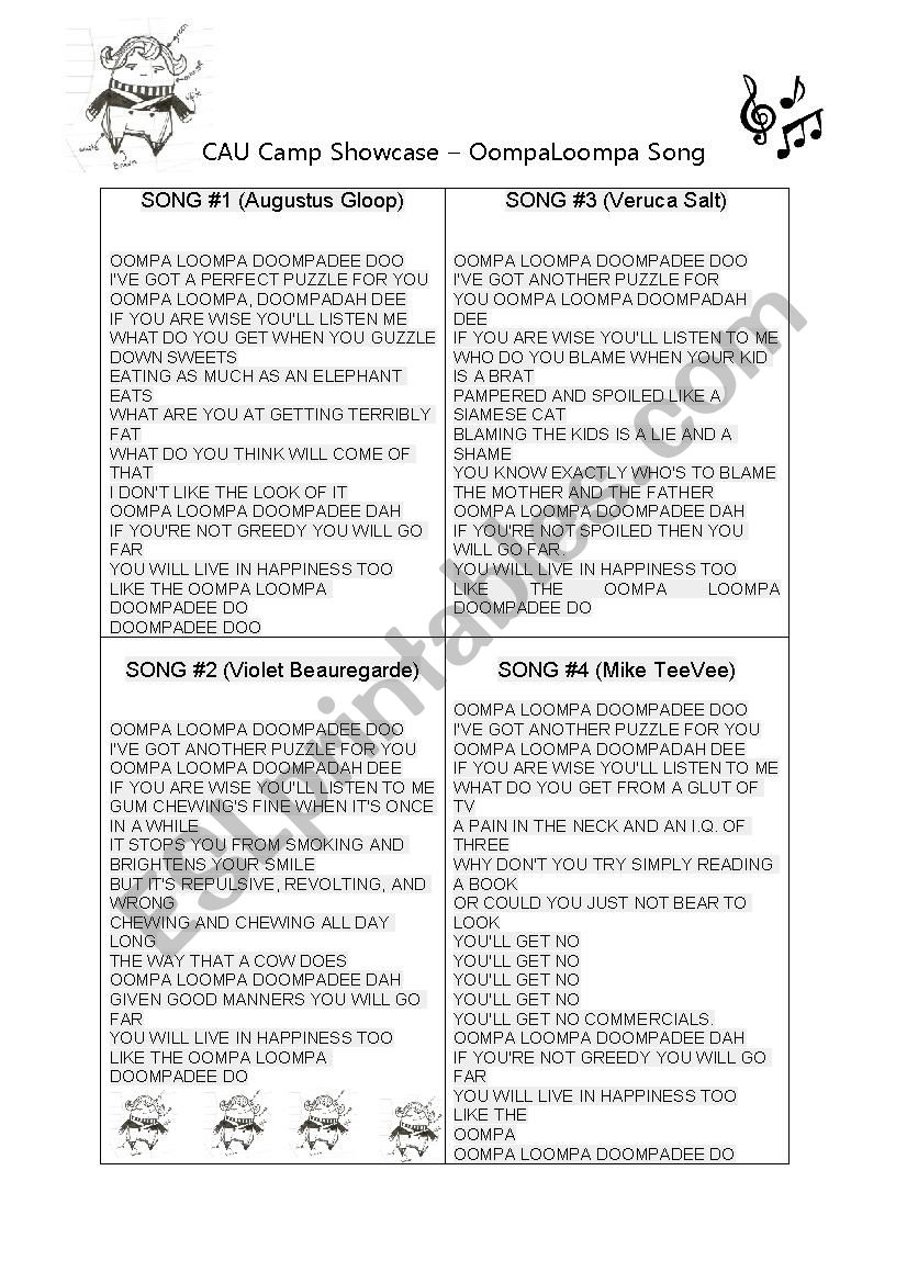 oompa loompa song worksheet