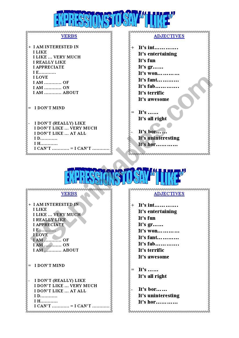 Expressions to say I LIKE worksheet