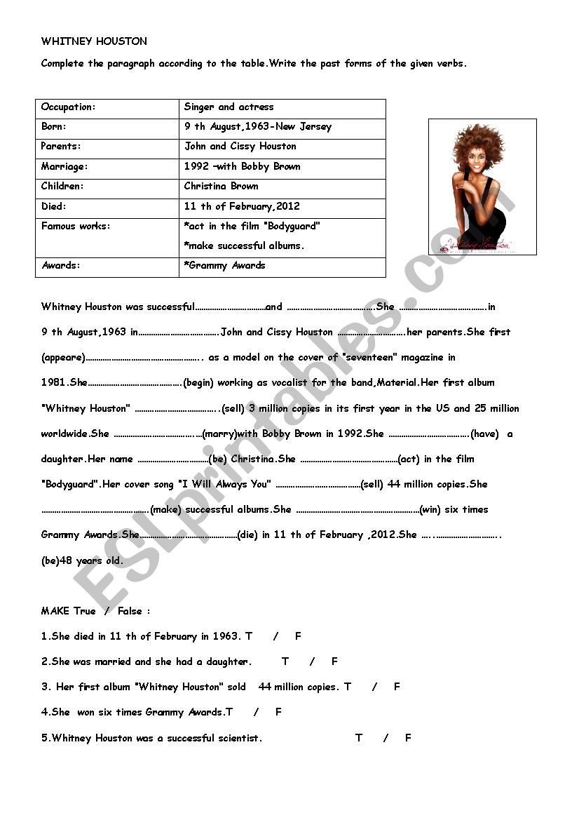 WHITNEY HOUSTON Reading text -past tense