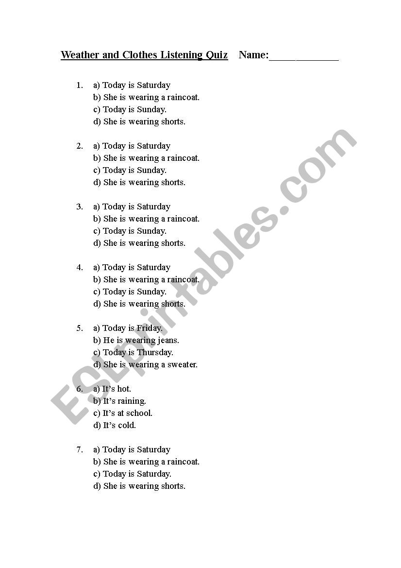 Clothes and Weather Listening Worksheet