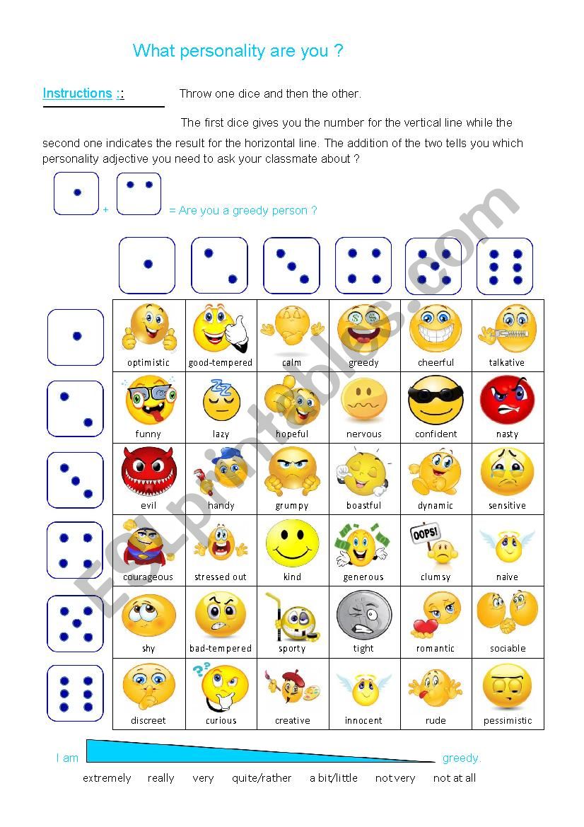 Personality dice game worksheet