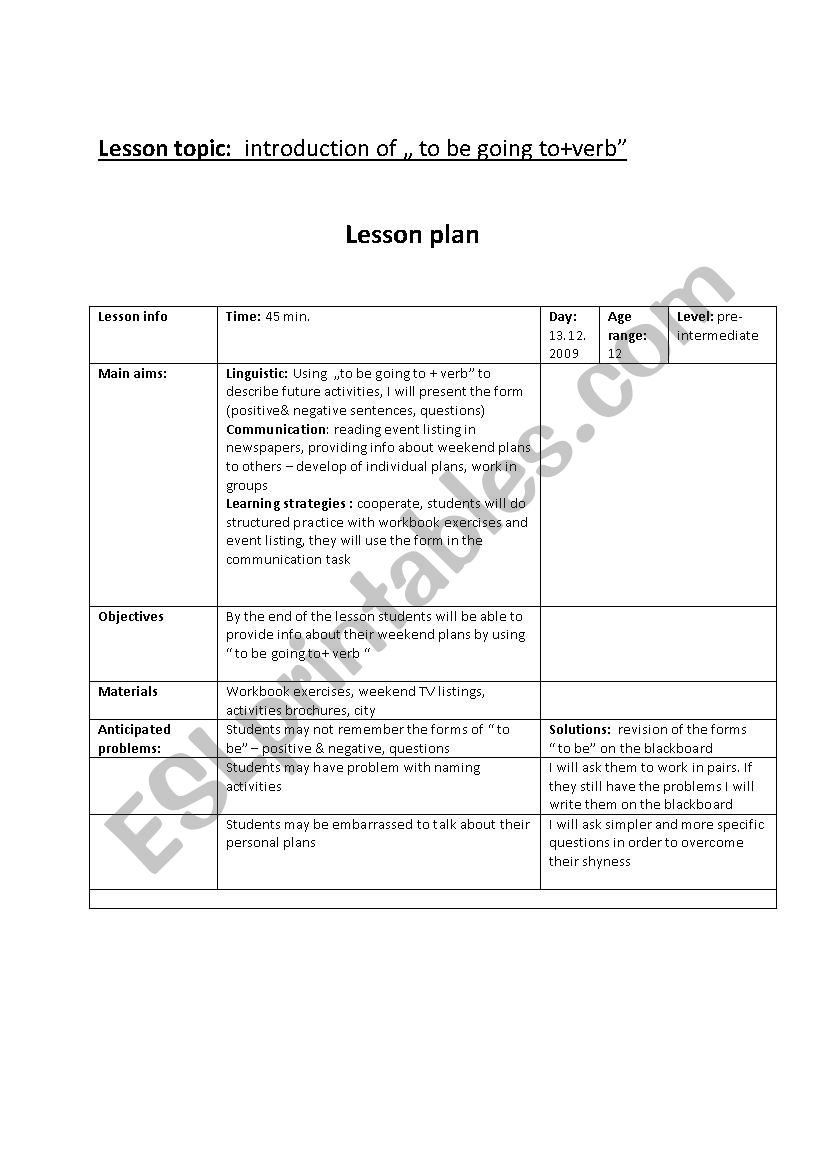 Lesson plan - introduction of the form: 